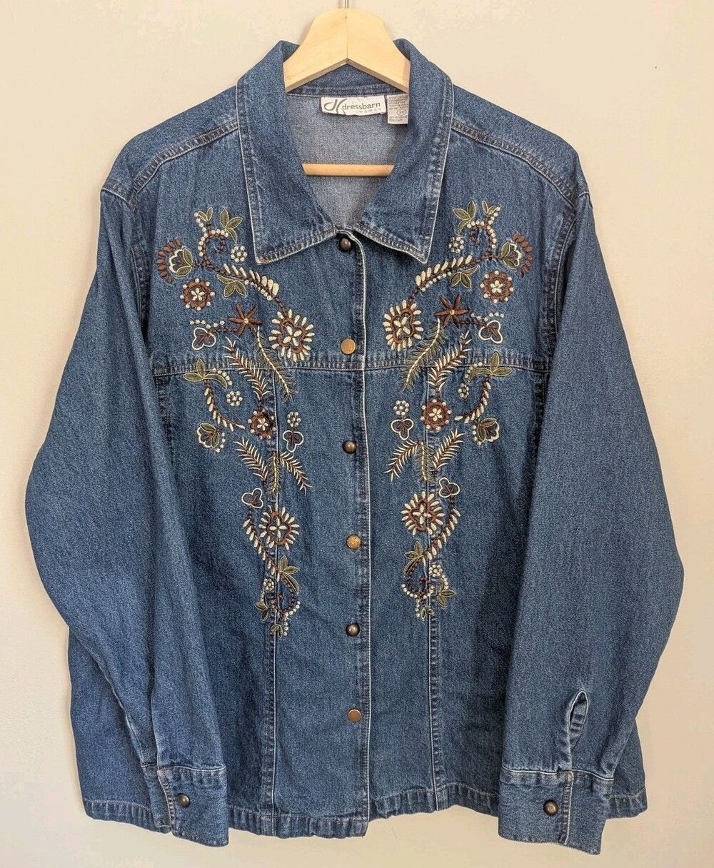 Vtg Y2K Denim Foral Embroidered Cotton Jacket 3X Cottage Granny Boho Dressbarn